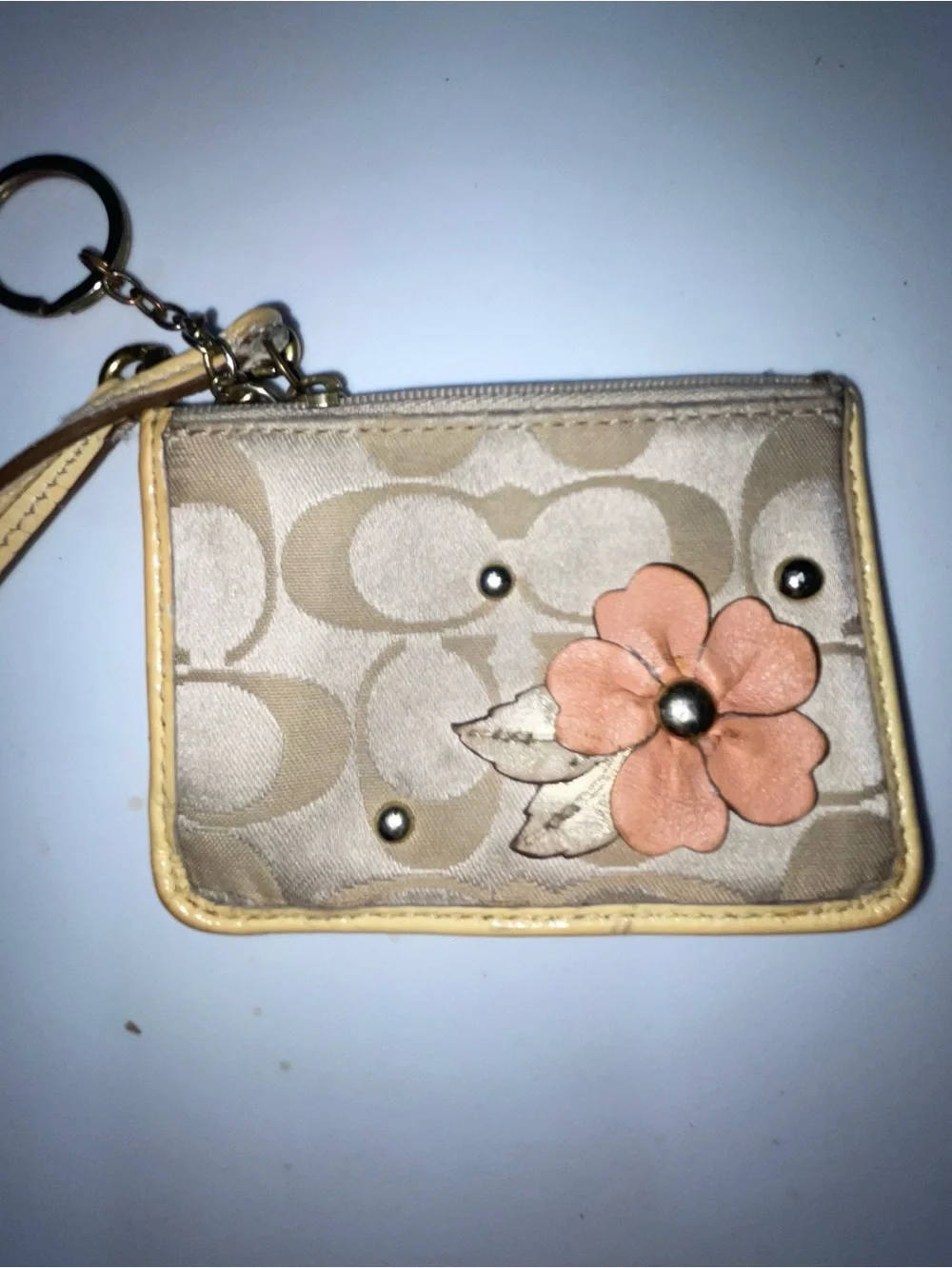 Coach Keychain Coin Purse Card Holder with Peach Flower Accent